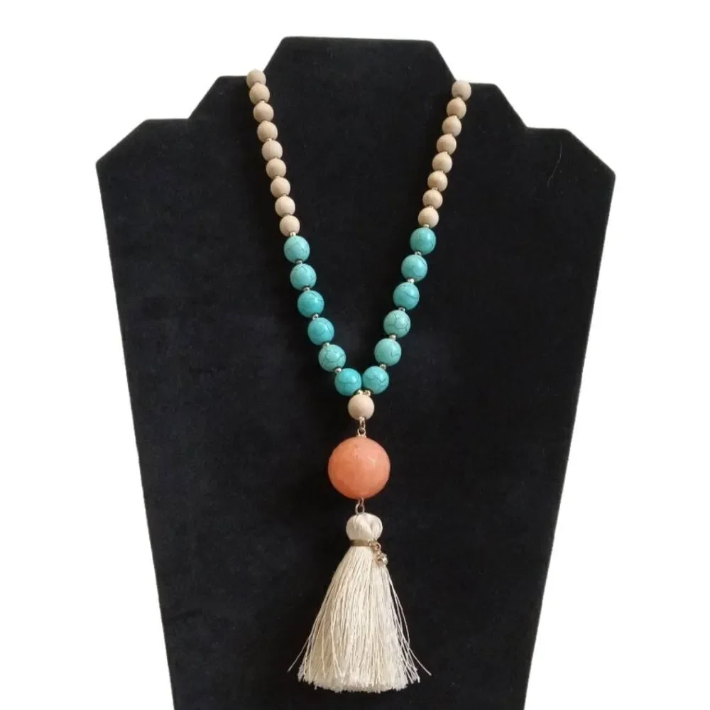 Colorful Wood & Plastic Beaded Round Faceted Pendant Bohemian Tassel Necklace